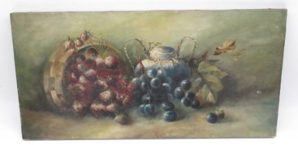 English School (C20th); Still life study of a fruit basket, unframed oil on canvas, 61cm x 30.2cm