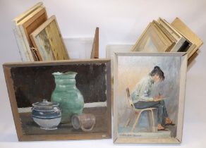 Collection of mid-late C20th pictures and prints, incl. portraits, still life, etc. some signed T.