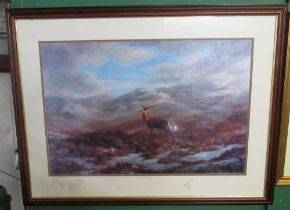 Elizabeth M Halstead (British C20th); 'Valley of Stags', colour print, signed, titled and