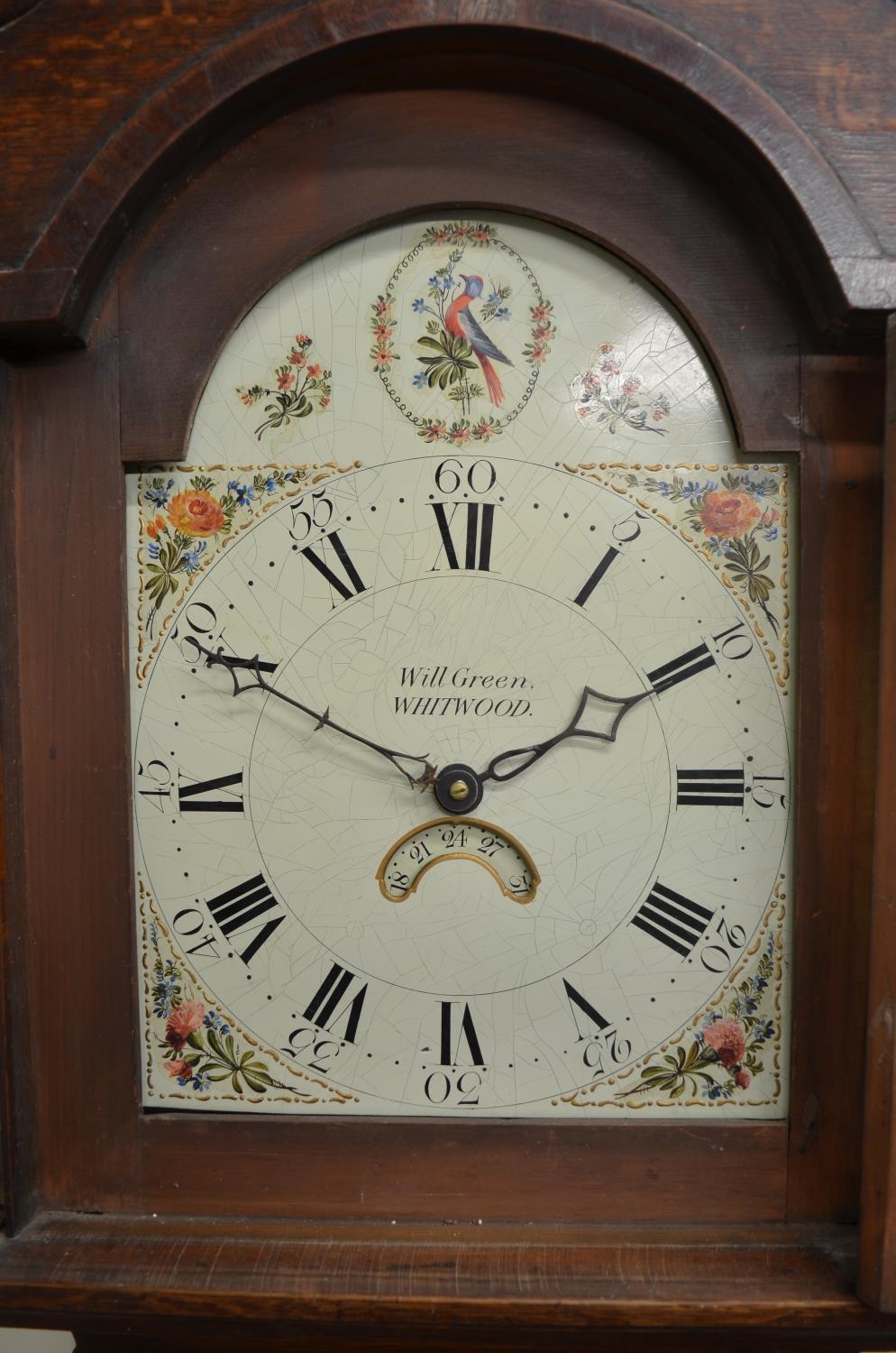 Will Green Whitwood - C19th mahogany crossbanded oak long case clock, signed arched 15in dial with