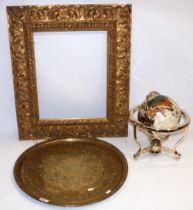 Gem and shell set globe in brass effect frame, H33cm; large gilt picture frame, 66cm x7 6cm, and a