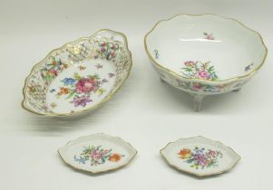 Collection of Dresden porcelain inc. bowl with four feet, lattice work dish and 2 pin dishes (4)