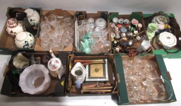 Collection of ceramics and glassware, incl Mason's ginger jars; oil lamp shade, etc. (8 boxes)
