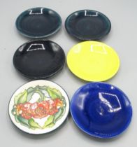 Moorcroft Pottery: six trial pin dishes/coasters - five flat colour/glaze trials, and a design of