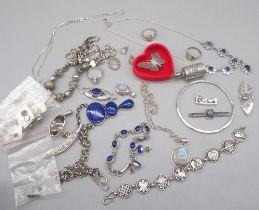 Collection of silver jewellery including lapiz lazuli stud earrings, marked 925, a signet ring