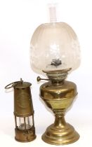 Brass oil lamp with chimney and etched glass shade, H53cm, and a Protector Lamp and Lighting Co