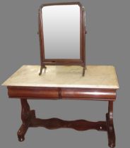 Victorian mahogany washstand, with white marble top and two frieze drawers on gothic pierced end