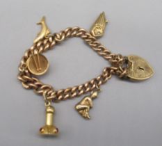 9ct yellow gold charm bracelet set with two 9ct gold and three unmarked yellow metal charms, with