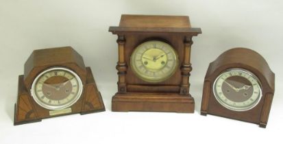Tower of Clerkenwell, 1930's 8 day oak presentation mantel clock, silvered 5" Roman chapter ring,