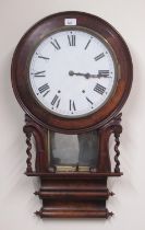 Early C20th American walnut drop dial wall clock with double scroll case and barley twist columns,