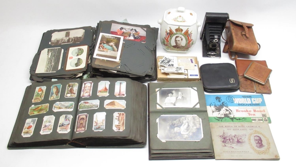 Collection of postcards and cigarette cards, Ringtons George VI coronation Royal souvenir casket,