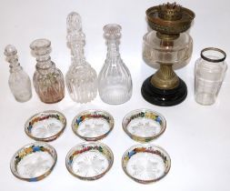 Four glass decanters, max. H30cm; six dessert bowls, each painted with fruit, gilded rims; C19th oil