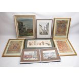 Unsigned oil of coastal scene, framed watercolour of continental village street, 3 framed prints