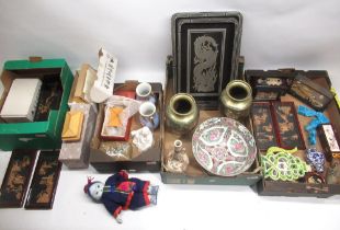 Collection of late C20th Chinese items incl. a pair of brass vases, H24cm; cork pictures;
