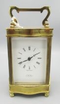 J. W. Benson London, late C20th brass quartz carriage clock timepiece, signed white Roman dial,