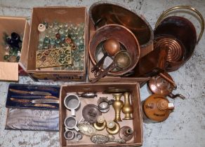 C19th and later metalware, incl. a large twin handled copper pan, ladles, copper coal bucket, copper