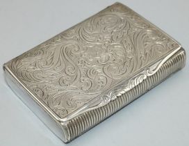C19th Continental white metal rectangular snuff box, hinged lid engraved with scrolls and cartouche,