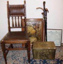 Oak dining chair, five walking sticks, oil painting of a river scene signed R. Dudley, brass