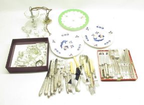 Multiple glass drop light fitting, large mixed collection of cutlery and a green rimmed Coalport