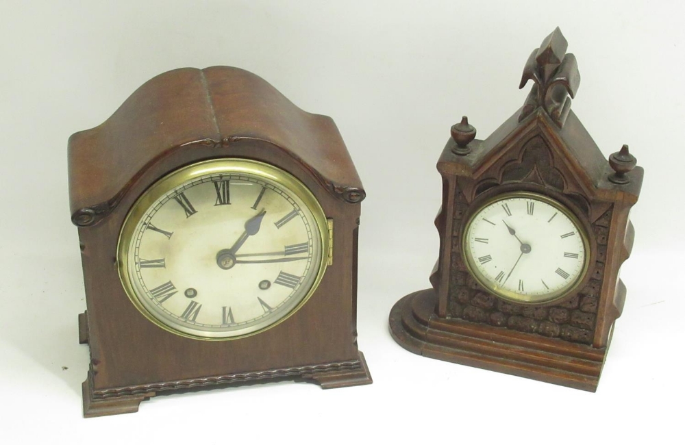 Late C19th Gothic Revival oak mantel time piece with white enamel Roman dial H26cm and early C20th
