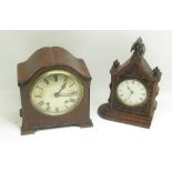 Late C19th Gothic Revival oak mantel time piece with white enamel Roman dial H26cm and early C20th