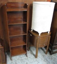 Small C20th five tier oak bookcase, Morco oak sewing box and a woven fibre D shaped linen basket, (