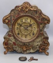 Early C20th American rococo style faux marble mantel clock, two train movement striking on a