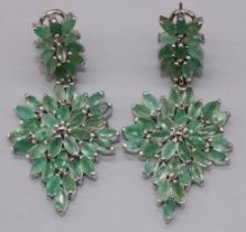 Silver and emerald drop earrings each set with fifty five marquise cut emeralds, L6cm, 17.3g