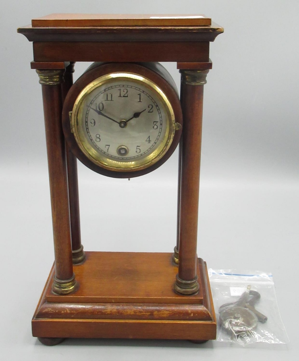 Hamburg American Corporation H.A.C. early C20th mahogany portico timepiece, brass bezel enclosing