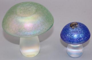 John Ditchfield for Glasform, two mushroom paperweights, one with applied silver frog, max. H10.