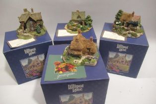 Lilliput Lane models: 'Chatsworth View' 604, 'Cruck End' 855, 'Summer Days' L2059, and 'Gertrude's