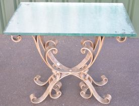 Mid-century console table, mirrored and textured glass rectangular top on painted wrought metal