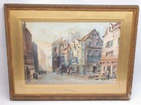 Attrib. A. L Vernon (C19th); 'Mayence' Continental street scene with figures, watercolour, titled on