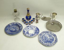 C20th Murano style Bristol Blue with gilt and enamel decoration decanter and 6 glasses, Beswick