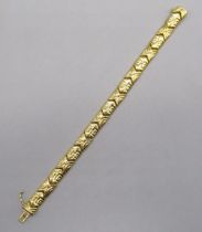 18ct yellow gold articulated bracelet with geometric design and box closure, stamped 18ct, 18.2g,