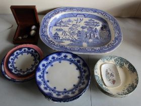 Victorian Willow pattern oval meat dish, a Victorian white glazed Rum barrel, two cheese dishes