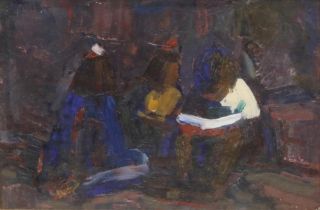 Wieslaw Pilawski ROI (Polish 1916-1972 ); Three children seated on floor, oil on panel, signed,