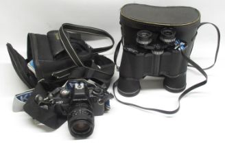 Praktica BX20 camera with black camera carry bag and cased pair of Pathescope 10 x 50 binoculars,