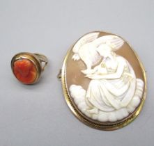 9ct yellow gold cameo ring, stamped 9ct, size M, and a cameo brooch in gold mount, stamped 9ct,