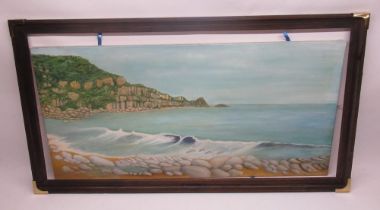 C20th oil painting of beach scene signed 'D.Hick 85' 101cm x 51cm,with frame 11.5cm x 61cm and a