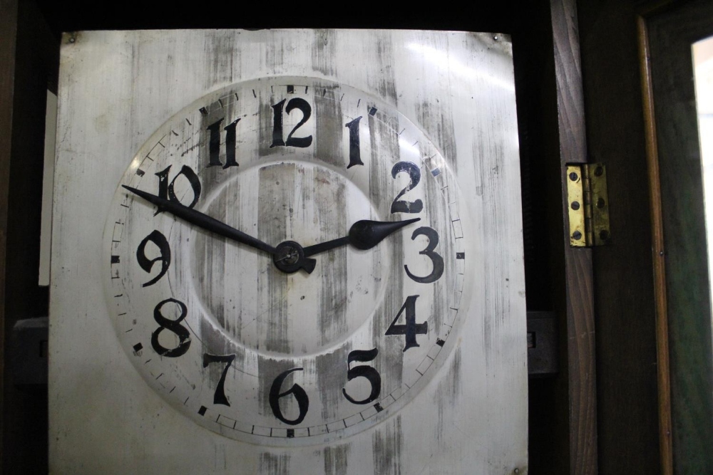 C20th continental oak long case clock, glazed door and square silvered Arabic dial with twin - Image 3 of 3