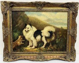 English School (Contemporary); Two dogs in a landscape, oil on board, signed with initials G.J, 29cm