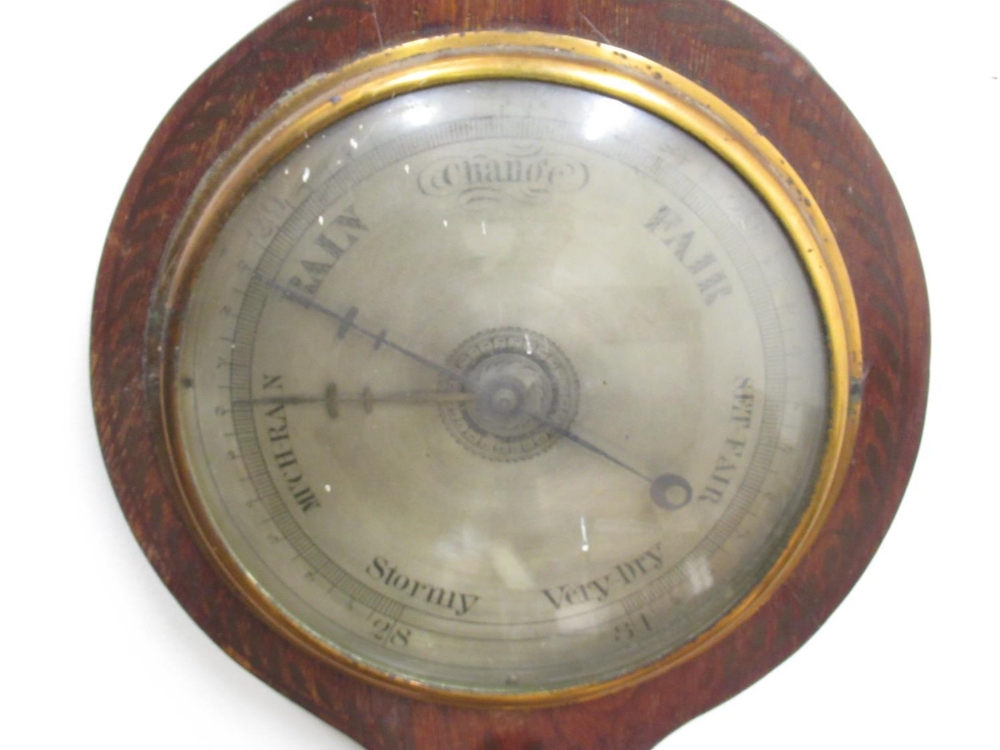 C19th mahogany wheel barometer with painted decoration, silvered dial, thermometer box and level. ( - Image 2 of 2