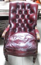 Mill Brook Furnishings Victorian style red leather upholstered open arm chair, deep buttoned back