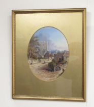 H. S. Earl (British C19th); Village street scene with figures by a church, oval oil on paper,