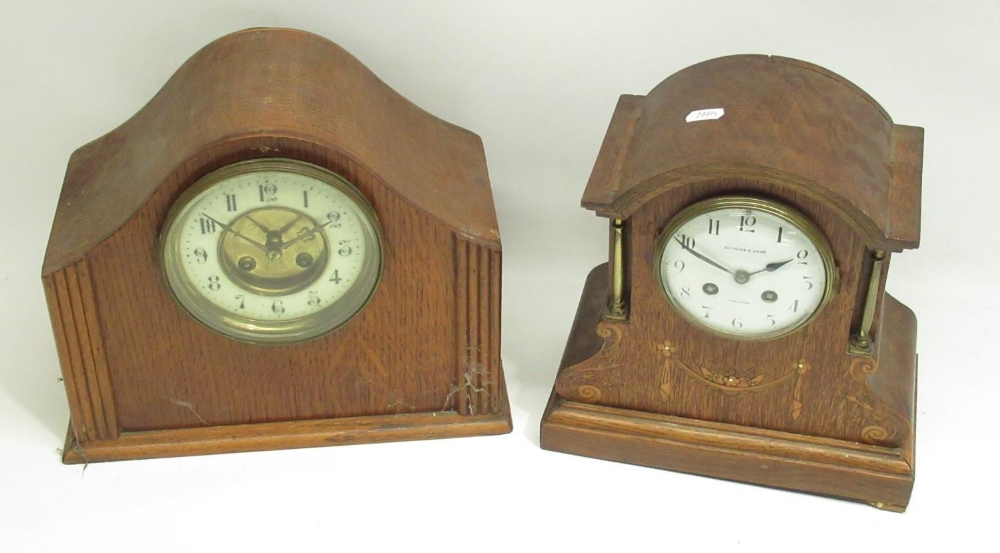 W.B.K. & Fils Paris retailed by Charles Rose Halifax early C20th inlaid oak striking mantle clock,
