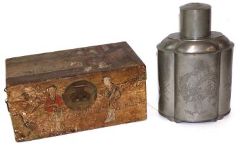 Chinese pewter tea caddy, by 'E Wo Loong Kee, Swatow', seal marks to base, decorated with dragons,