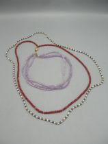 Seed pearl necklace, and two agate necklaces
