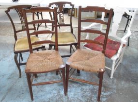 Pair of Edwardian inlaid mahogany salon chairs, pair of oak rush seat ladder back dining chairs
