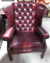 Mill Brook Furnishings Geo. 111 style red leather upholstered wing back arm chair, deep buttoned